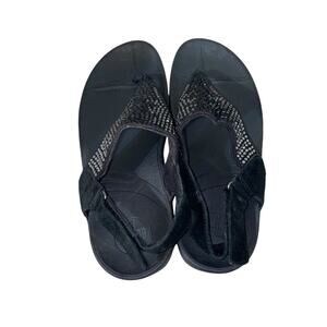 FitFlop Women's Slingback Wedge Sandals Black Rhinestone Suede T-Straps Size 8